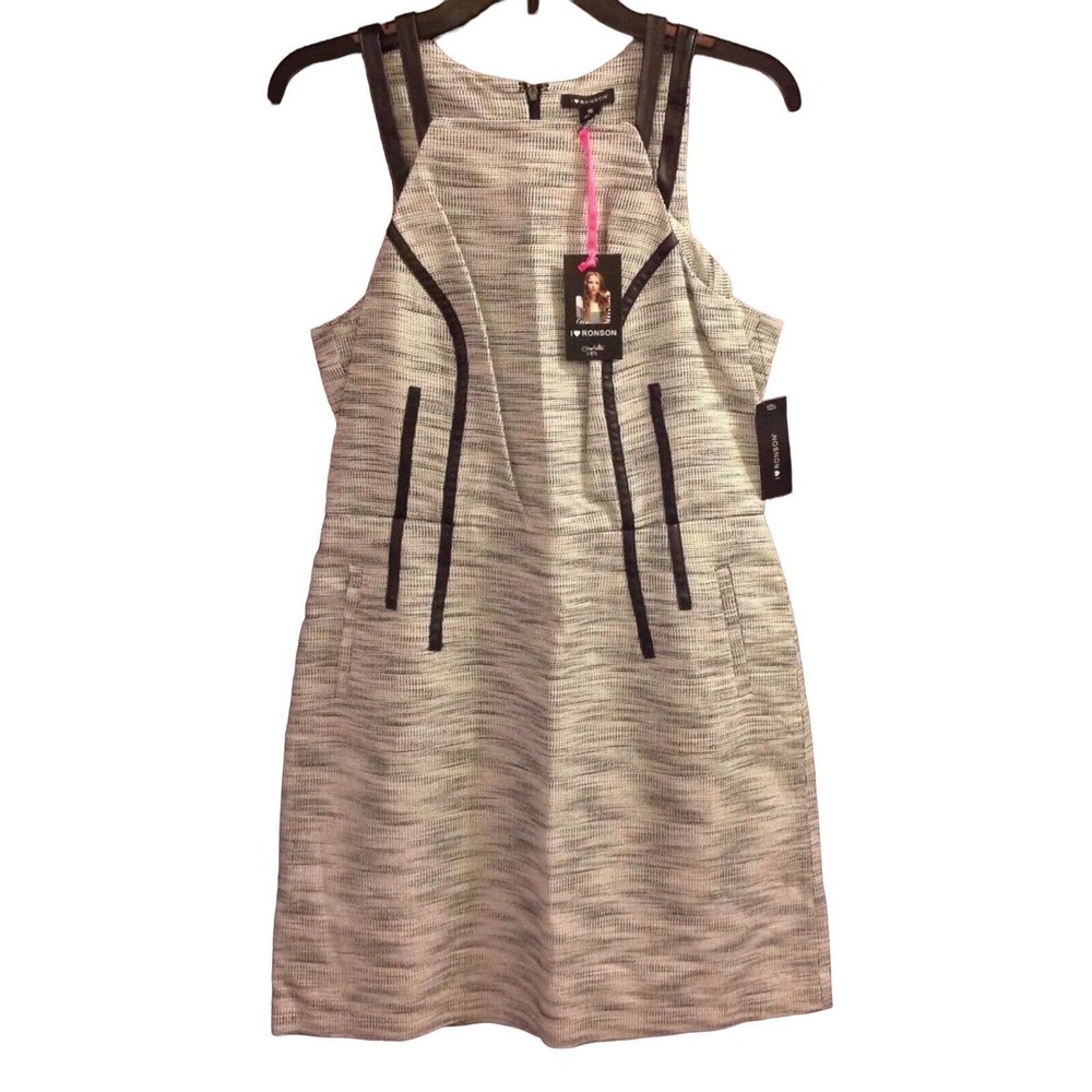 NEW I Love Ronson Black And White Sleeveless‎ Dress Faux Black Leather Trim Sz 2